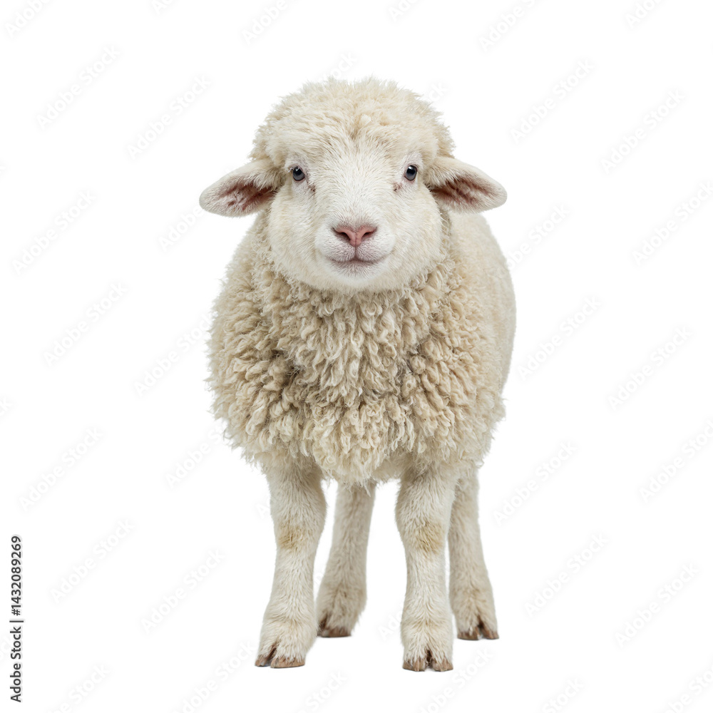Fototapeta premium Isolated fluffy sheep portrait on white background