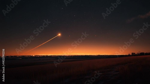 A stunning night landscape featuring a comet streaking across the starry sky above a serene field