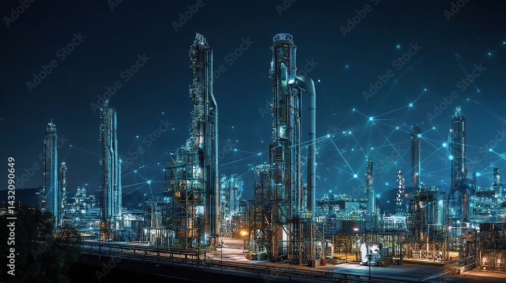 Naklejka premium Advanced Energy Factory with AI Network and Layered Mesh Design