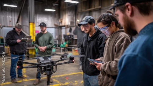 Students learning drone technology in a workshop