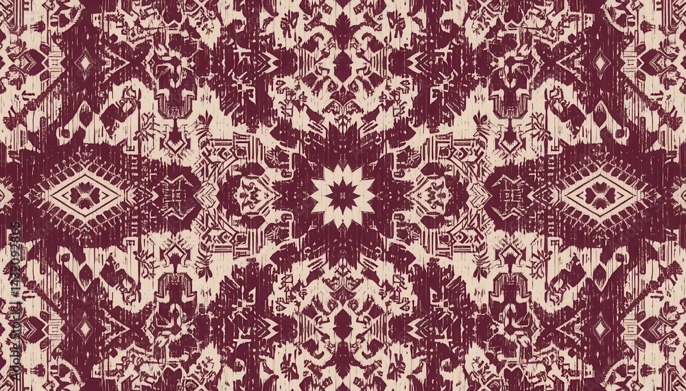 An intricate abstract ikat artwork, a neat, symmetrical layout with rich maroon and cream tones., Intricate Vintage Ethnic Pattern in Deep Red Tones An intricate abstract ikat artwork, a neat, symmetrical layout with rich maroon and cream tones., Intricate Vintage Ethnic Pattern in Deep Red Tones