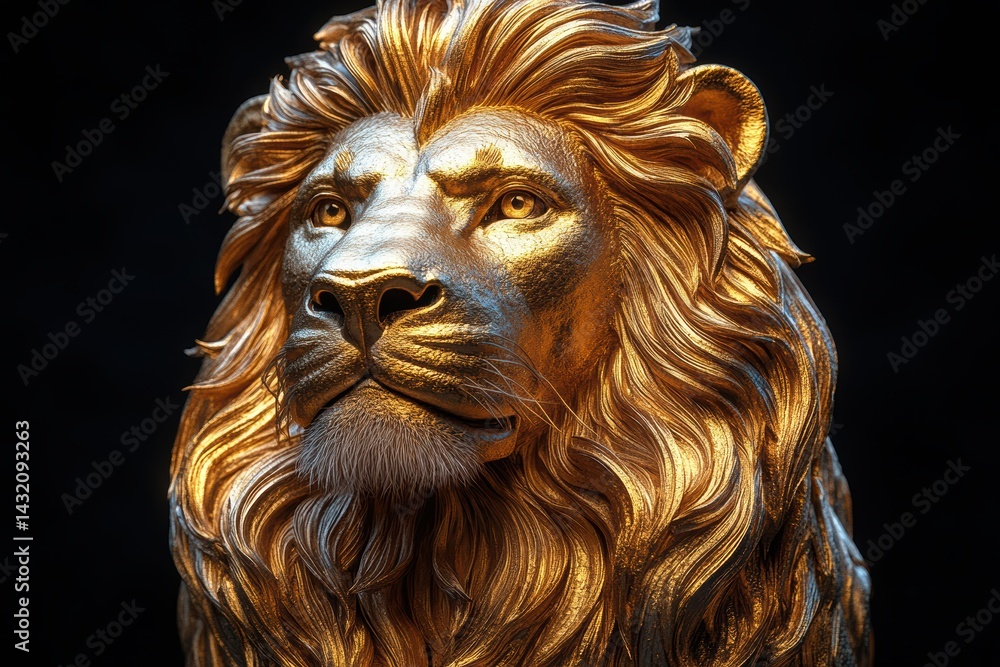 Obraz premium Majestic golden lion sculpture with intricate details showcasing power and elegance