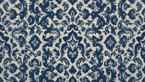 A sophisticated abstract ikat pattern, a neat arrangement of swirling motifs in deep indigo and soft beige., Elegant Blue and White Floral Damask Pattern Design