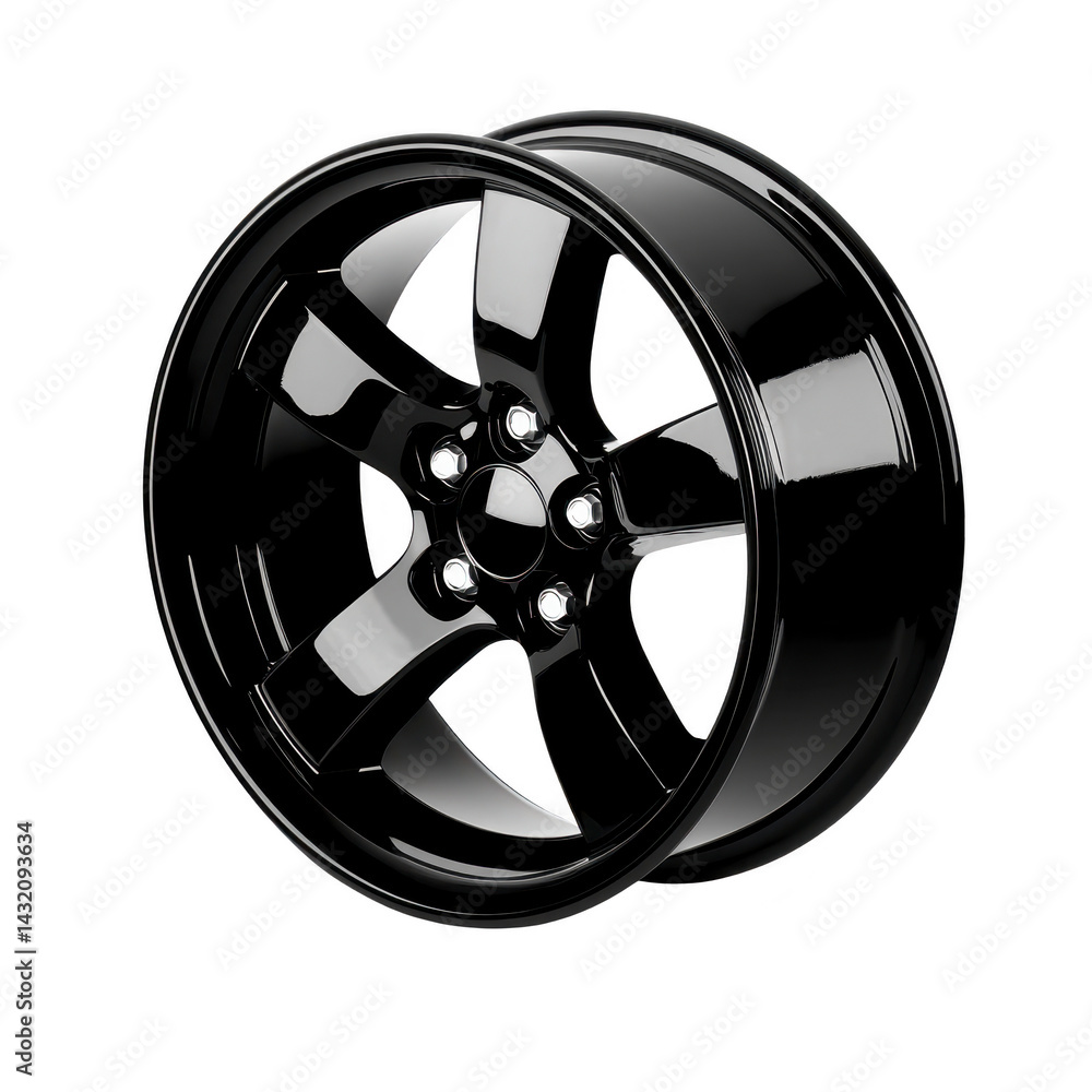 Obraz premium sleek black alloy wheel with glossy finish, featuring five spoke design. wheel is isolated on transparency background, highlighting its modern and stylish appearance