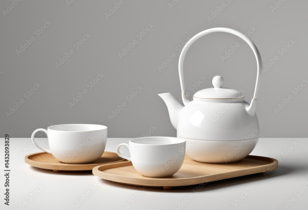 A tray has a teapot and two cups A tray has a teapot and two cups