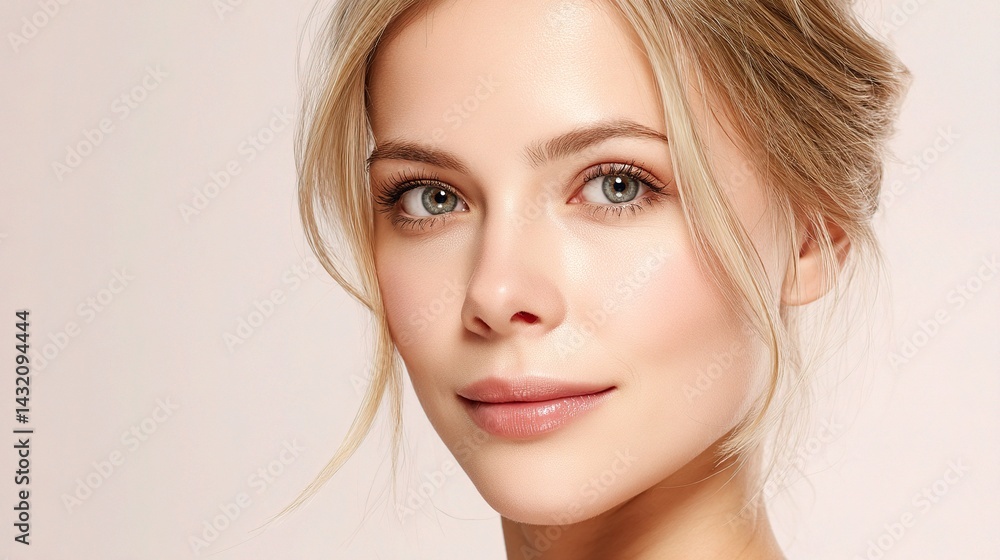 Serene Portrait of a Blond Woman with Smooth Natural Makeup Serene Portrait of a Blond Woman with Smooth Natural Makeup