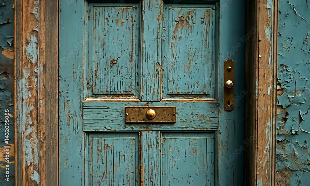 Weathered blue door with peeling paint, set against a rustic wall, evoking a sense of history Weathered blue door with peeling paint, set against a rustic wall, evoking a sense of history