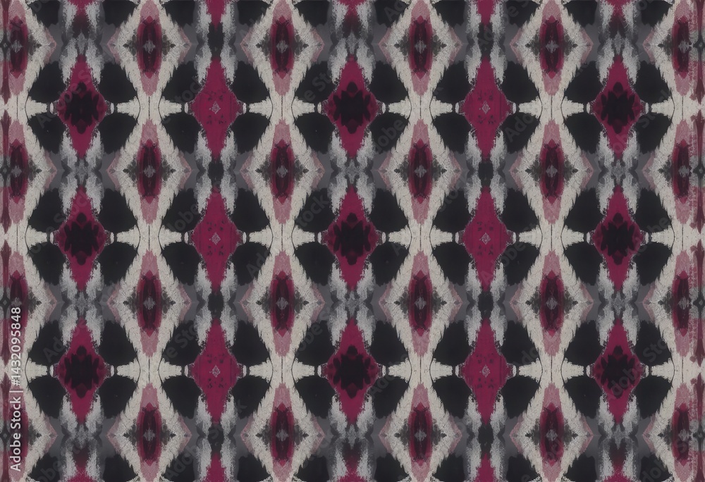 Fototapeta premium A refined abstract ikat pattern, a bold mix of black, magenta, and soft gray., Elegant Abstract Geometric Pattern in Dark Tones