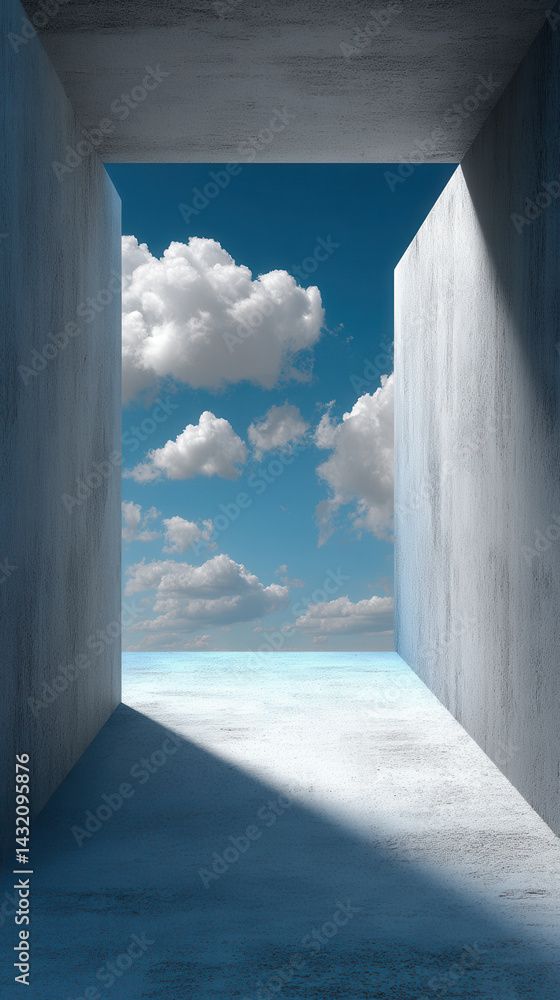 Fototapeta premium A minimalist architectural concrete frame opens to a bright blue sky with fluffy white clouds over a flat horizon casting shadows on the ground in sunlight.