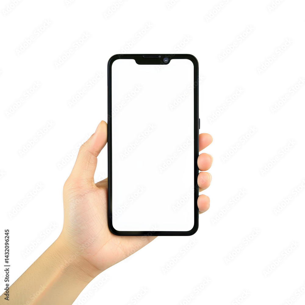 hand holding smartphone with blank screen, ready for customization or app display. phone has sleek design with notch at top, set against plain background hand holding smartphone with blank screen, ready for customization or app display. phone has sleek design with notch at top, set against plain background