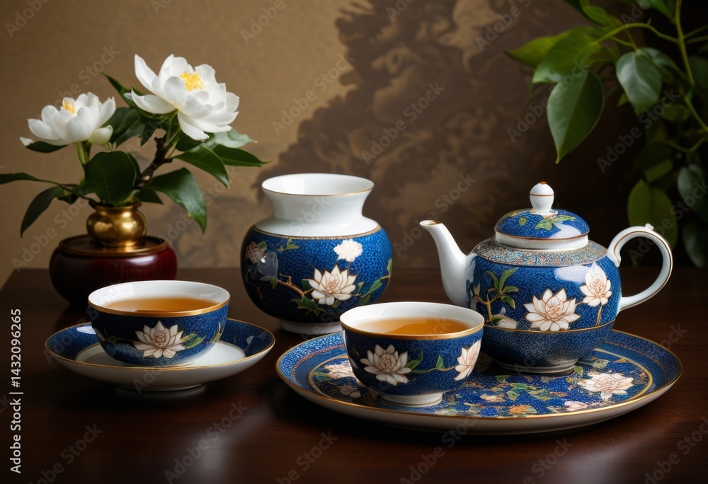 Fototapeta premium Three cups of tea and a teapot were placed on one table