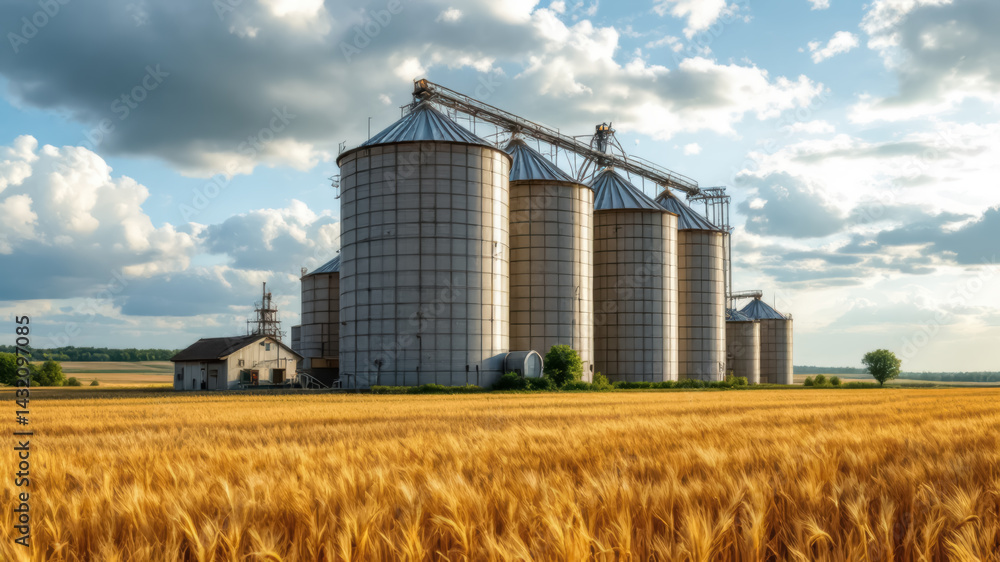 Silos in a barley field. Storage of agricultural production