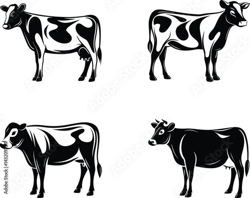 Set of Cow Silhouette Illustrations – Black and White Farm Animal Vector Art