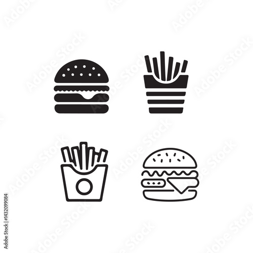 Simple Black and White Fast Food Icons Set.This set of four icons depicts classic fast food items: a hamburger, french fries in a box, and two more hamburgers.
