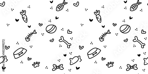 Hand-drawn pet-themed doodles featuring bones, fishbones, and toys. Seamless pattern ideal for backgrounds, branding, or pet-related designs. Perfect for packaging, textiles, or wrapping paper.