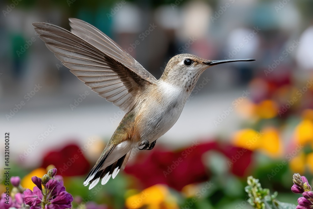 Obraz premium A stunning hummingbird is captured mid-flight, showcasing its intricate features against a vibrant backdrop of blooming flowers, symbolizing nature's beauty and fragility.