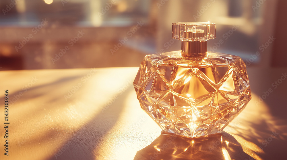 Close-up of a crystal perfume bottle catching golden sunlight on a vanity.