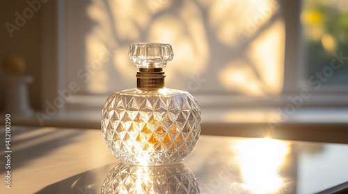 Obraz na płótnie Close-up of a crystal perfume bottle catching golden sunlight on a vanity. w salonie