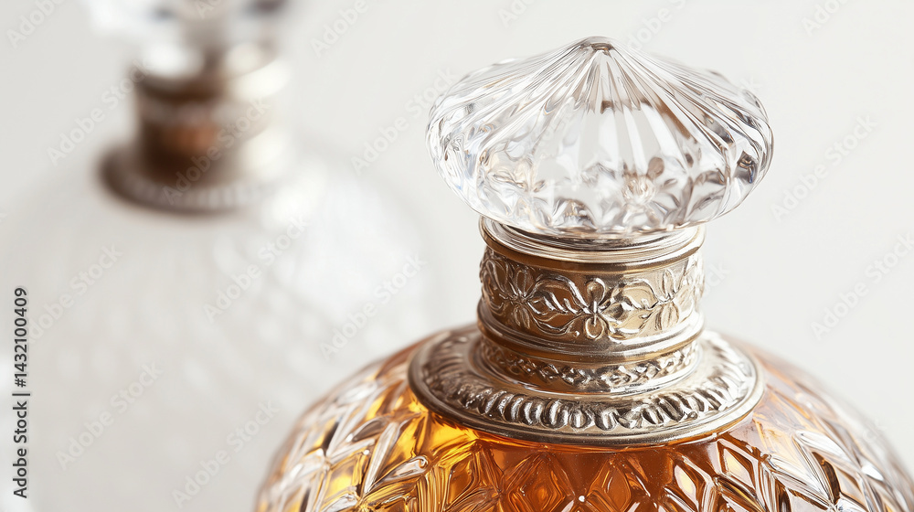 Detailed view of vintage glass perfume flacon with ornate stopper.
