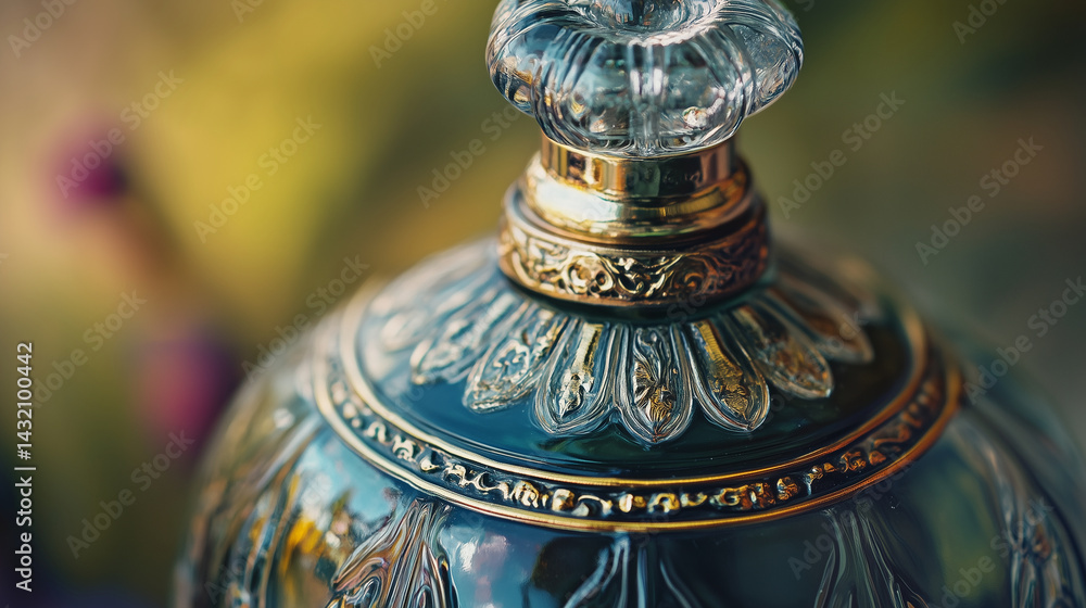 Detailed view of vintage glass perfume flacon with ornate stopper.