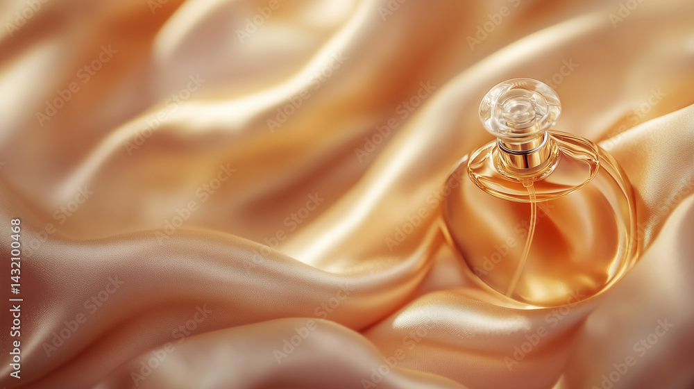 Close-up of a perfume bottle nestled in silk fabric, softly lit. Close-up of a perfume bottle nestled in silk fabric, softly lit.