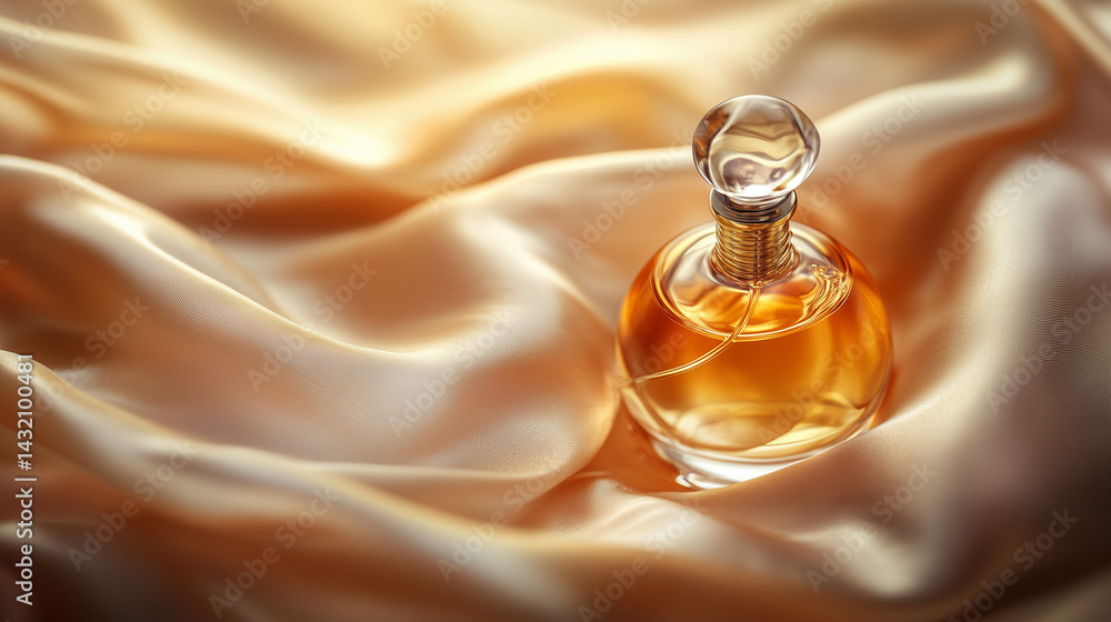 Close-up of a perfume bottle nestled in silk fabric, softly lit.