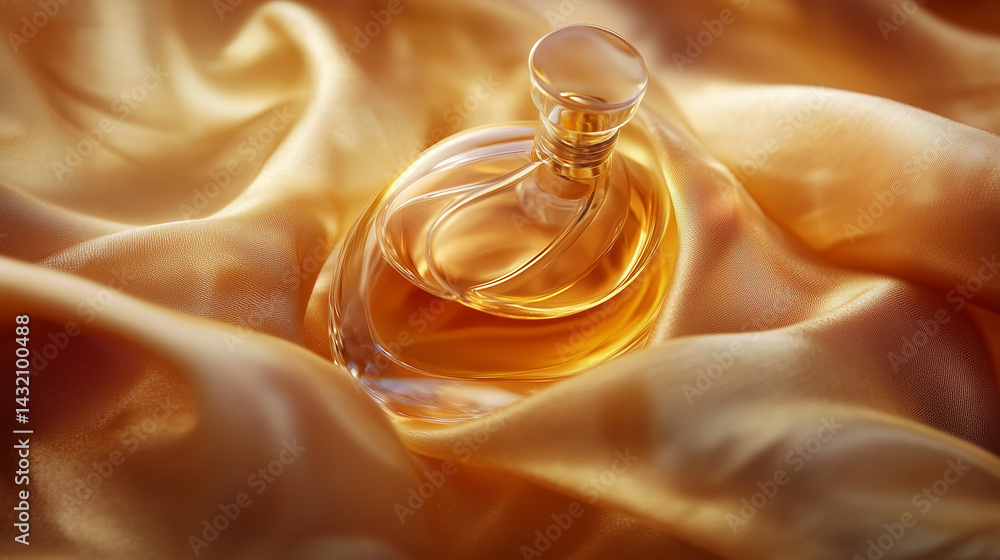 Close-up of a perfume bottle nestled in silk fabric, softly lit.