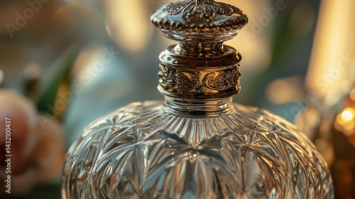 Obraz na płótnie Detailed view of vintage glass perfume flacon with ornate stopper. w salonie