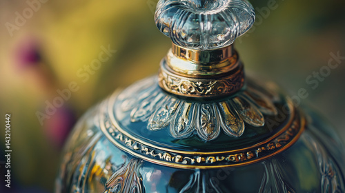 Obraz na płótnie Detailed view of vintage glass perfume flacon with ornate stopper. w salonie