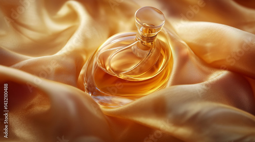 Obraz na płótnie Close-up of a perfume bottle nestled in silk fabric, softly lit. w salonie