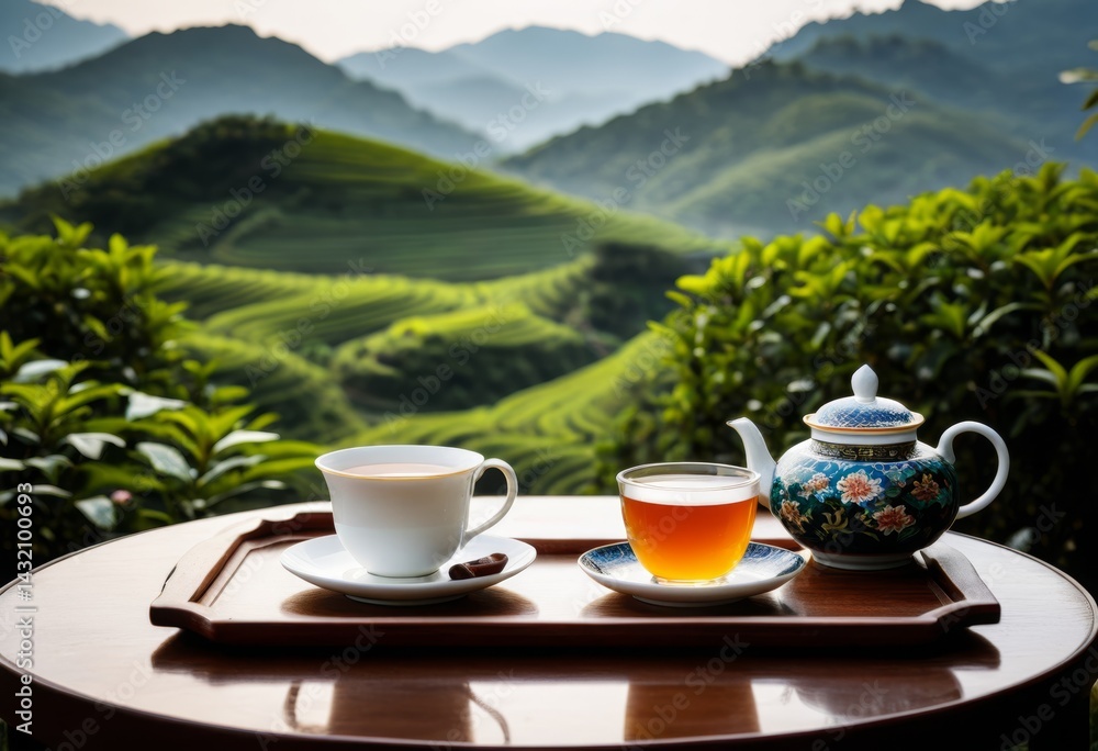 The tray has a teapot and a cup The tray has a teapot and a cup
