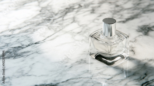 Obraz na płótnie Close-up of minimalist glass perfume bottle on a marble surface. w salonie