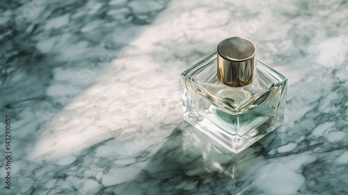 Obraz na płótnie Close-up of minimalist glass perfume bottle on a marble surface. w salonie