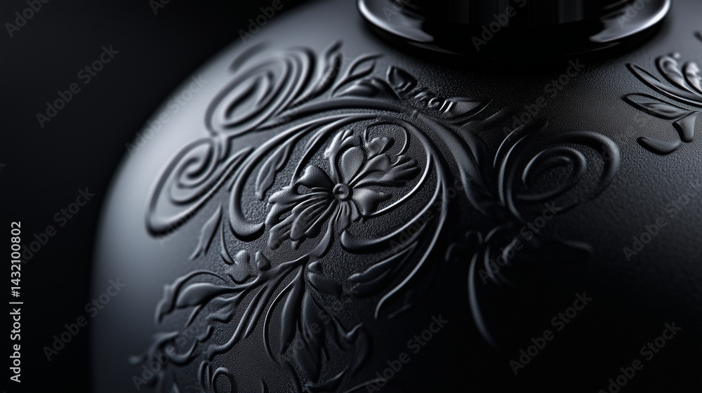Macro of embossed perfume branding on a black matte bottle.