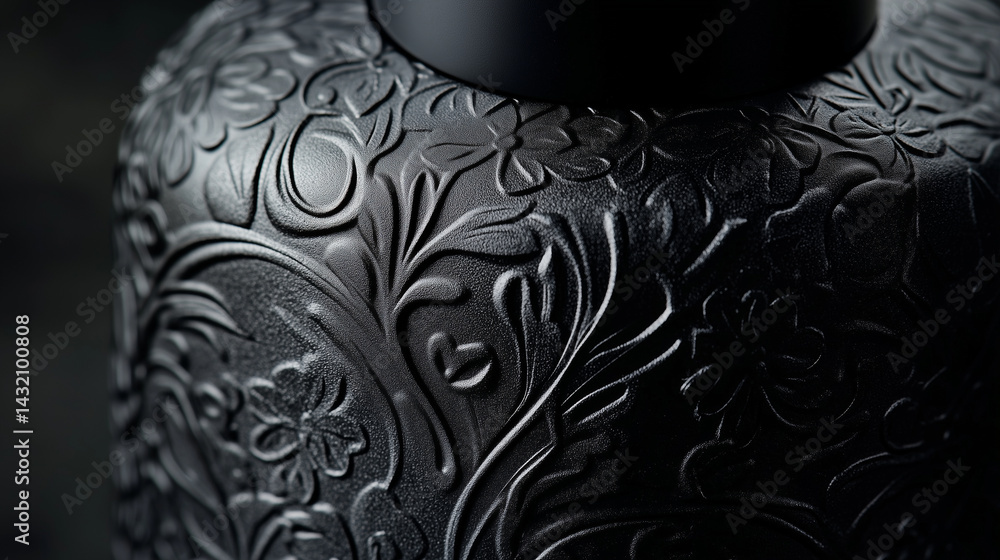Macro of embossed perfume branding on a black matte bottle.