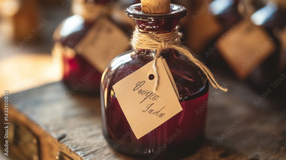Close-up of artisanal perfume bottle sealed with wax and a hand-written tag.