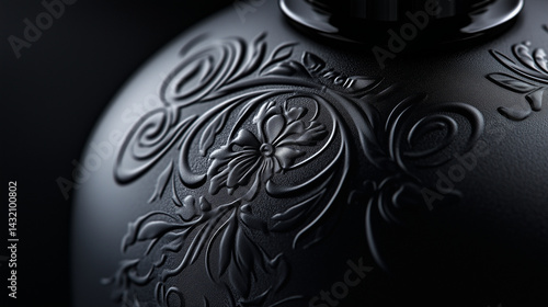 Obraz na płótnie Macro of embossed perfume branding on a black matte bottle. w salonie