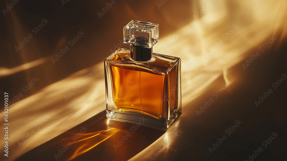 Detailed shot of a unisex perfume bottle framed by shadows and warm light.