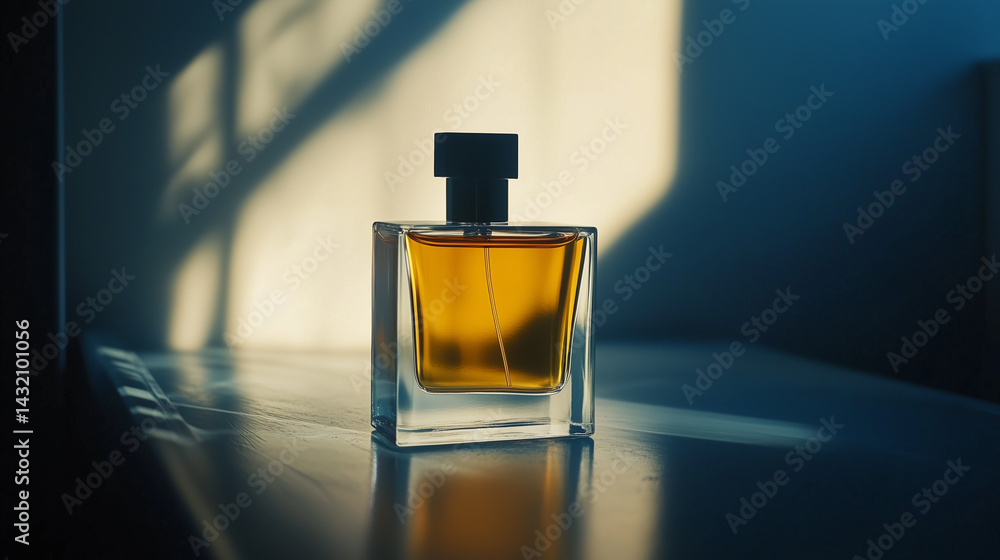Detailed shot of a unisex perfume bottle framed by shadows and warm light.