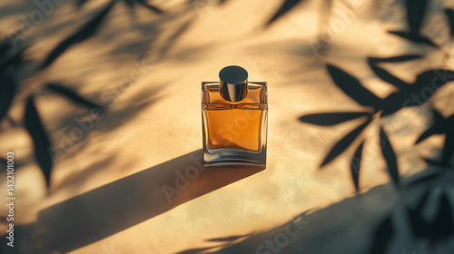 Obraz na płótnie Detailed shot of a unisex perfume bottle framed by shadows and warm light. w salonie