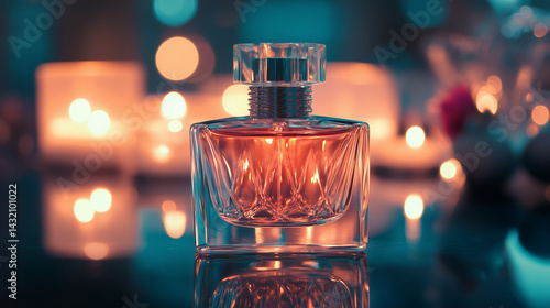 Obraz na płótnie Macro of glowing perfume bottle under soft candlelight, creating reflections. w salonie
