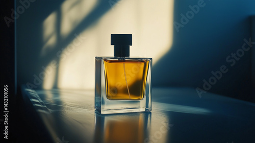 Obraz na płótnie Detailed shot of a unisex perfume bottle framed by shadows and warm light. w salonie