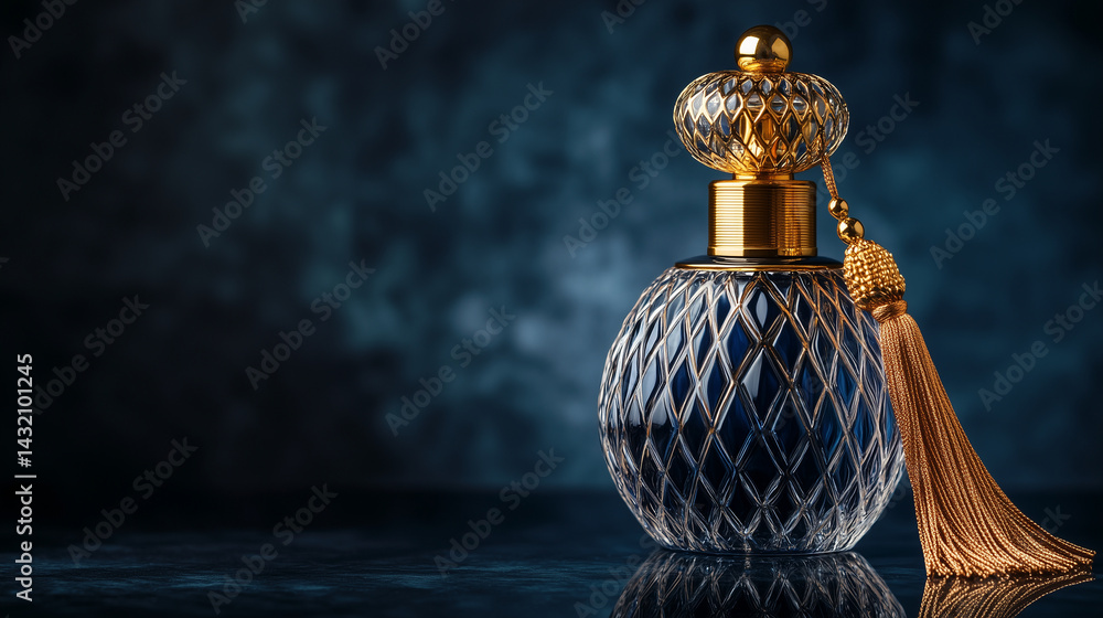 Close-up of perfume bottle with golden atomizer and vintage tassel.