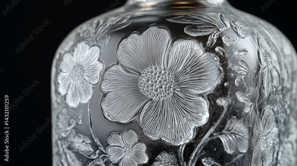 Detailed view of a frosted glass bottle with floral engravings.
