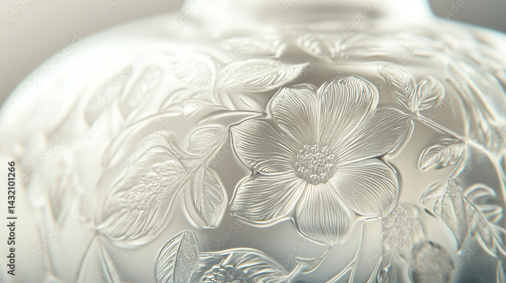 Detailed view of a frosted glass bottle with floral engravings.