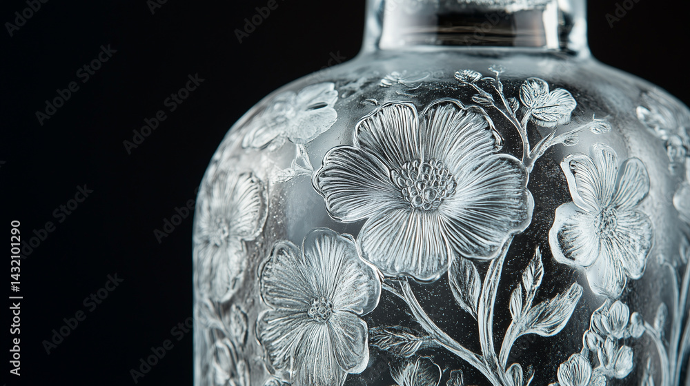 Detailed view of a frosted glass bottle with floral engravings.