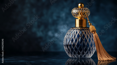 Obraz na płótnie Close-up of perfume bottle with golden atomizer and vintage tassel. w salonie