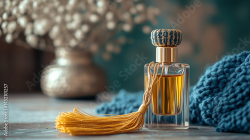 Obraz na płótnie Close-up of perfume bottle with golden atomizer and vintage tassel. w salonie