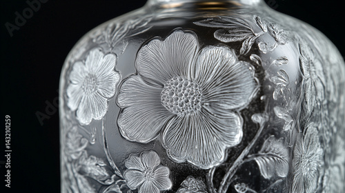 Obraz na płótnie Detailed view of a frosted glass bottle with floral engravings. w salonie