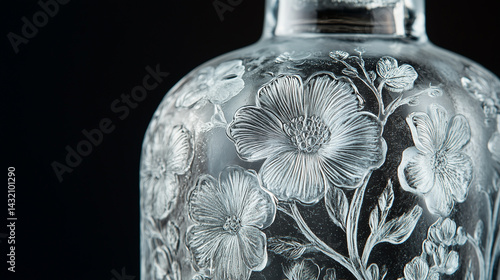 Obraz na płótnie Detailed view of a frosted glass bottle with floral engravings. w salonie